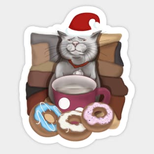 Santa cat. Funny cat with a mug of coffee and donuts. Sticker